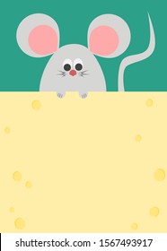 Cute mouse and a place for text in a form of cheese. The place with copy space. Vector illustration. 
