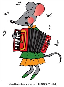 Cute mouse is playing accordion. Colored vector for card or gift. 