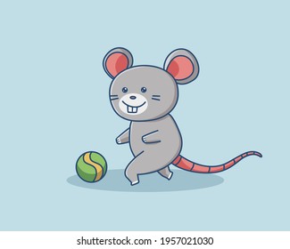 Cute Mouse Playing Ball. Animal Cartoon Flat Style Icon  Premium Vector