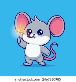 Cute Mouse Playing Fireworks Cartoon Vector Icon Illustration. Animal Holiday Icon Concept Isolated Premium Vector. Flat Cartoon Style