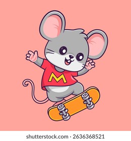 Cute Mouse Playing Skateboard Cartoon Vector Icon Illustration. Animal Sport Icon Concept Isolated Premium Vector. Flat Cartoon Style