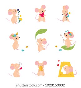 Cute Mouse with Pointed Snout and Rounded Ears Holding Heart and Nibbling Cheese Slab Vector Set