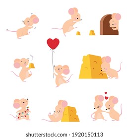 Cute Mouse with Pointed Snout and Rounded Ears Holding Balloon and Sleeping with Cheese Slab Vector Set