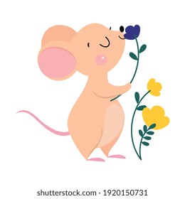 Cute Mouse with Pointed Snout and Rounded Ears Smelling Flower Vector Illustration