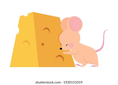 Cute Mouse with Pointed Snout and Rounded Ears Pushing Huge Slab of Cheese Vector Illustration