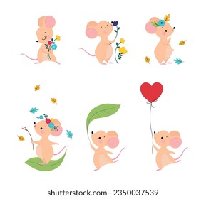 Cute Mouse with Pointed Snout and Rounded Ears Vector Set