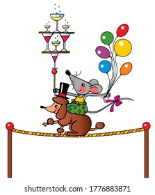 Cute mouse and a poodle are doing a circus show on a rope. Colored vector for card or gift.