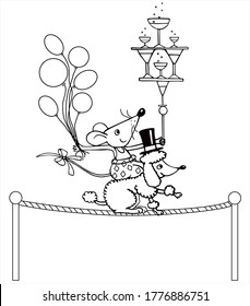 Cute mouse and a poodle are doing a circus show on a rope. Black and white vector for card or gift, for coloring.