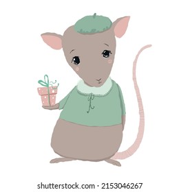 cute mouse with present, vector clipart, holiday illustration