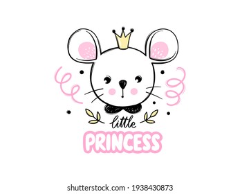 Cute mouse princess with crown isolated on white. Mice illustration. Doodle animal face. Vector character. Hand drawn cartoon Rodent. Ideal for kids or babies t-shirt design, room decoration.