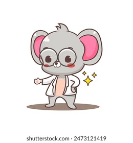 Cute mouse as a professor with glasses cartoon character. Adorable kawaii animal mascot vector illustration concept design. Isolated white background.