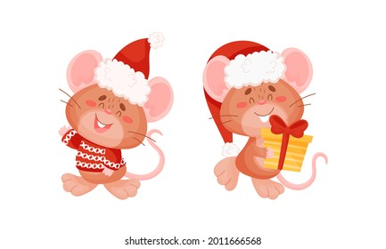 Cute Mouse with Protruding Ears in Red Hat and Knitted Sweater Waving Paw and Holding Gift Box Vector Set
