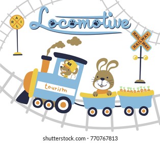 cute mouse and rabbit on steam train, vector cartoon illustration