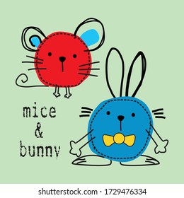 cute mouse and rabbit, vector illustration