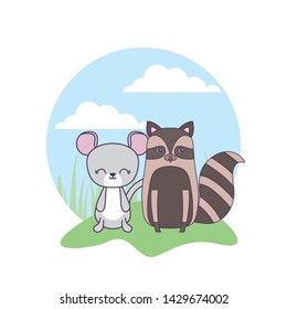 cute mouse with raccoon animals in landscape