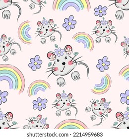 cute mouse rainbow flowers pattern vector illustration