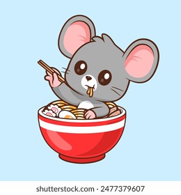 Cute Mouse In Ramen Noodle With Chopstick Cartoon Vector Icon Illustration. Animal Food Icon Concept Isolated Premium Vector. Flat Cartoon Style