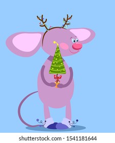 Cute mouse, a rat in a deer horns with a garland and holds a christmas tree. Year of the Rat 2020. Cartoon, flat style, vector illustration.