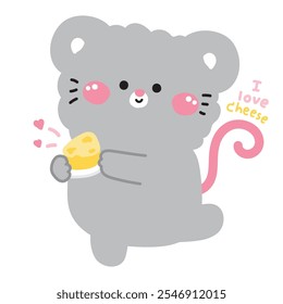 Cute mouse rat hold cheese.I love cheese text.Heart.Rodent animal character cartoon design.Kawaii.Vector.Illustration. 