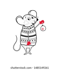 Cute mouse. Rat. A mouse in a knitted sweater. Chinese symbol of 2020. Design element for greeting cards, posters, gift tags for Christmas and New Year. Vector illustration. Flat design. Hand-drawn.