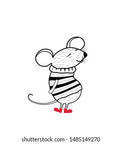 Cute mouse. Rat. A mouse in a knitted sweater. Chinese symbol of 2020. Design element for greeting cards, posters, gift tags for Christmas and New Year. Vector illustration. Flat design. Hand-drawn.