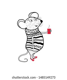 Cute mouse. Rat. A mouse in a knitted sweater. Chinese symbol of 2020. Design element for greeting cards, posters, gift tags for Christmas and New Year. Vector illustration. Flat design. Hand-drawn.
