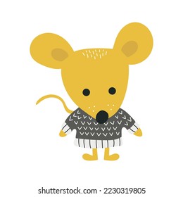 Cute mouse. Rat. A mouse in a knitted sweater. Element for greeting cards, posters, gift tags for Christmas and New Year. Vector illustration