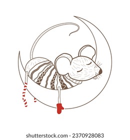 Cute mouse. Rat. A mouse in a knitted sweater. Chinese symbol. Design element for greeting cards, posters, gift tags for Christmas and New Year. Vector illustration. Flat design. Hand-drawn.