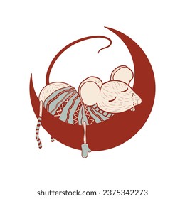 Cute mouse. Rat. A mouse in a knitted sweater. Chinese symbol. Design element for greeting cards, posters, gift tags for Christmas and New Year. Vector illustration. Flat design. Hand-drawn.