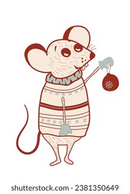 Kuschelmaus. Rat. Eine Maus in einem Strickpullover. Chinesisches Symbol. Design-Element für Grußkarten, Poster, Geschenkanhänger für Weihnachten und Neujahr. Vektorgrafik. Flaches Design. Handgezeichnet.