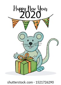 Cute mouse or rat, symbol of 2020. New Year greeting card, flyer, banner. Holiday poster. Vector style. Happy new year