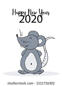 Cute mouse or rat, symbol of 2020. New Year greeting card, flyer, banner. Holiday poster, invitation. Vector style, eps 10. Happy new year