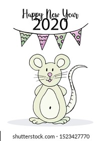Cute mouse or rat, symbol of 2020. New Year greeting card, flyer, banner, invitation. Vector style, eps 10. Happy new year