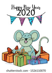 Cute mouse or rat, symbol of 2020. New Year greeting card, flyer, banner. Holiday poster, invitation