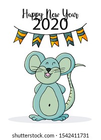 Cute mouse or rat, symbol of 2020. New Year greeting card, flyer, banner. Holiday poster, invitation. Vector style. Happy new year