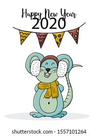 Cute mouse or rat, symbol of 2020. New Year greeting flyer. Vector. Happy new year