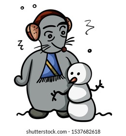 Cute mouse or a rat wearing headphones and a scarf created a snowman