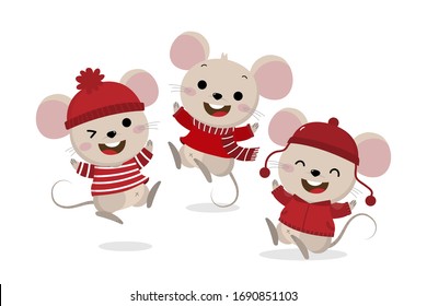 Cute mouse and rat in winter costume for happy Christmas holidays. Animal cartoon character set. -Vector