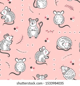 Cute Mouse or Rats Seamless Pattern. Floral Background with Hand Drawn Cartoon Doodle Little Mice with Flowers and Leaves for Kids Fashion. Chinese New Year 2020 year of Rat