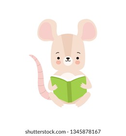 Cute Mouse Reading Book, Adorable Smart Animal Character Sitting with Book Vector Illustration