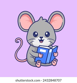 Cute Mouse Reading Book Cartoon Vector Icon Illustration. Animal Education Icon Concept Isolated Premium Vector. Flat Cartoon Style