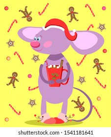 Cute mouse with red cup of cacao in christmas style.The print is used for gift, package, postcard, advertisement, children clothes.New Year winter vector illustration.