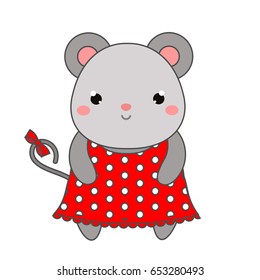 Cute mouse in red polka dot dress. Children style, isolated design element. Cartoon kawaii animal character. Vector illustration