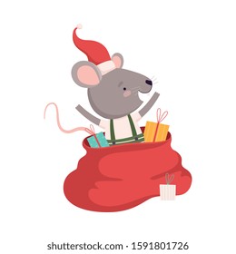 Cute Mouse in Red Santa Hat with Big Sack of Christmas Gifts, Cute Small Rodent Animal Character, Symbol of 2020 Year Vector Illustration