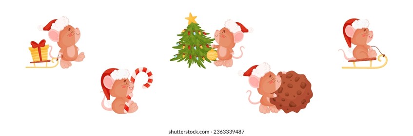 Cute Mouse in Red Santa Hat Engaged in Different Activity Vector Set