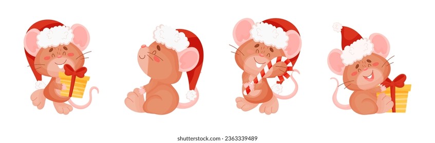 Cute Mouse in Red Santa Hat Engaged in Different Activity Vector Set