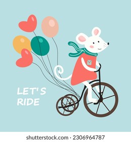 El ratón lindo montando una bicicleta con globos. Ilustración vectorial de dibujos animados con ratón blanco. Ilustración infantil hecha a mano. Imprimir para postal, impresiones, camisetas. Dejando que vayamos. Fondo azul. 