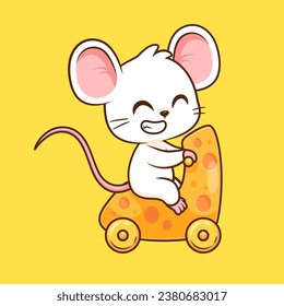 Cute Mouse Riding Cheese Motorcycle Toy Cartoon Vector Icon Illustration. Animal Transportation Icon Concept Isolated Premium Vector. Flat Cartoon Style