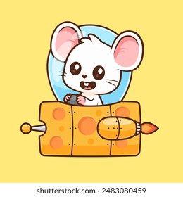 Cute Mouse Riding Cheese Ufo Cartoon Vector Icon Illustration. Animal Science Icon Concept Isolated Premium Vector. Flat Cartoon Style