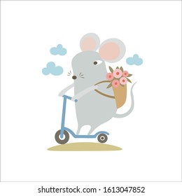 Cute mouse riding electric kick scooter. Cartoon funny rat enjoying summer. Humanized symbol of 2020 Chinese animal zodiac. Vector simple isolated illustration.